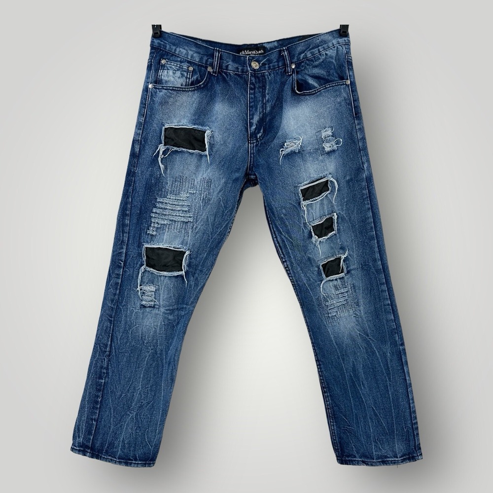Marx & Dutch Denim Jeans 38 x 32 Distressed Pants Blue w Black Backing‎